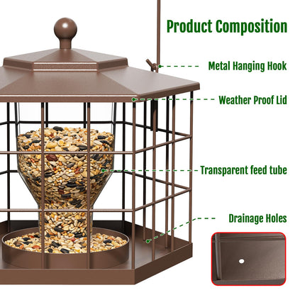 Birdream Squirrel Proof Bird Feeders for Outdoor Hanging, Metal Cage Bird Feeder with Rain Proof Covered for Wildbirds Bluebird Finches, Brown