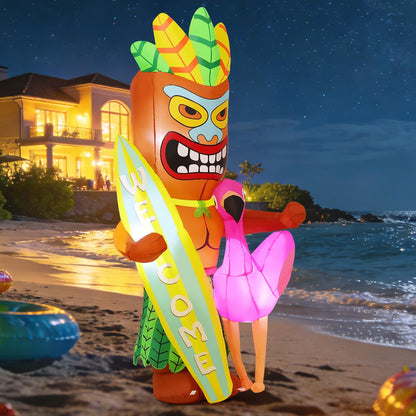 GOOSH 6 FT Summer Inflatables Tiki Luau Decorations Blow Up Yard with Flamingo and Surfboard Built-in LEDs for Hawaiian Party Beach Surfing Yard