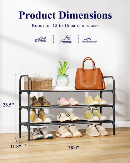 Kitsure Shoe Rack - 3-Tier Space-Saving Shoe Organizer & Shoe Shelf with Handle, Easy Assembly, Sturdy Metal Shoe Rack for Closet, Entryway, Bedroom, 28.0" x 11.8" x 25.6", Black