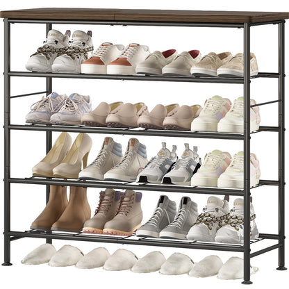SUOERNUO Shoe Rack Organizer 5 Tier for Closet Entryway Free Standing Metal Storage Shoe Shelf with MDF Top Board，Black+Rustic Brown