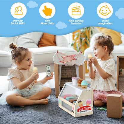 WHOHOLL Wooden Ice Cream Toys Kids Play Store Pretend Toy for Toddlers, Play Kitchen Accessories with Scoop, Menu, Ice Cream Play Set Birthday for 3 4 5 6 Year Old Girls Boys