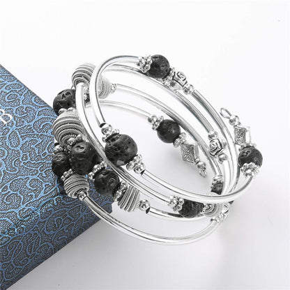 PEARL&CLUB Beaded Chakra Bangle Turquoise Bracelet - Fashion Jewelry Wrap Bracelet with Thick Silver Metal and Mala Beads, Birthday Gifts For Women(Lava stone)
