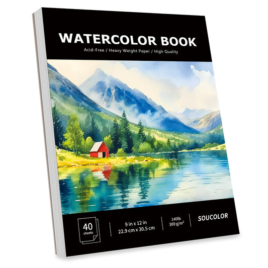 Soucolor 40 Sheets Watercolor Paper Pad, 9"x12" Water Color Paper, 140lb/300gsm Artist Painting Drawing Paper Book, Art Supplies for Adults, Watercolor Paint Set, Sketchbook, Journal, Notebook