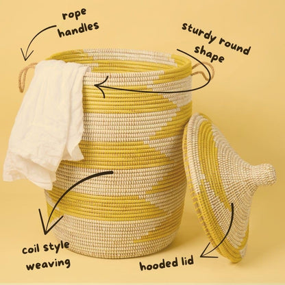 Large Wicker Basket, Yellow and White, 18 Inch Wide, 23 Inch Tall