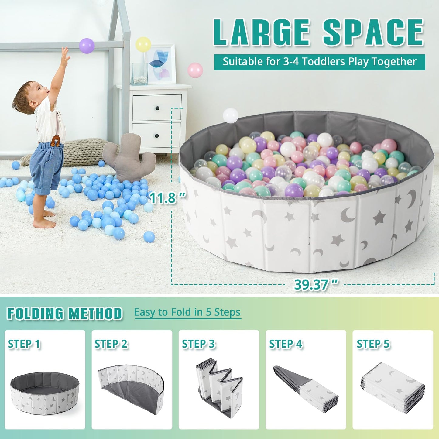 40Inch Kids Ball Pit, Foldable & Portable & Reusable Balls Pool for Toddlers,Playpen/Fence for Baby, Play Pool for Dog, Indoor & Outdoor Use, Oversized (Star/Moon)