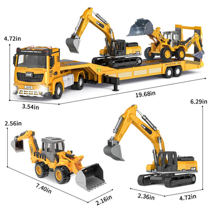 Construction Carrier Trucks Toy Set – Alloy Inertia Driving 1:40 & 1:55 Simulation Model Vehicles Toys, Including Excavator, Double Arm Excavator – Gifts for Ages 3-8, Boys and Girls