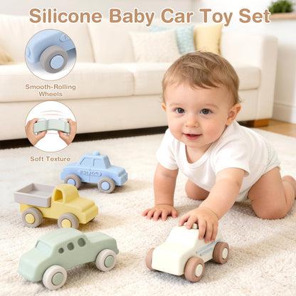 Vanplay Silicone Baby Car Toys with Storage Box - Soft Teething Toys for Babies 6-12 Months, One-Piece Design Push & Pull Baby Toys for Toddlers, Birthday Gifts for Boys Girls（4 PCS）