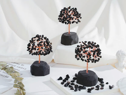 QINJIEJIE Black Obsidian Crystal Tree Healing Crystals Natural Stone Base Gemstone Tree Copper Wire Chakra Tree Life Tree Luck Tree Energy Desk Decor Spiritual Gift Meditation