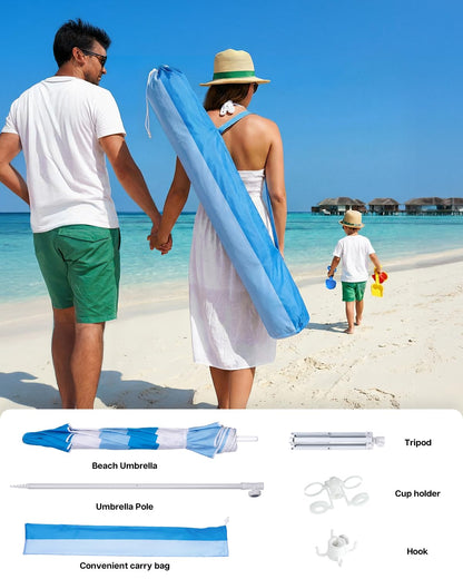paramondo Portable Beach Umbrella with Cup Holder - 6.5FT Blue and White Striped Sun Umbrella, Adjustable Aluminum Alloy Pole, Windproof & UV Protection for Sand, Patio, and Backyard, Sea Rhythm