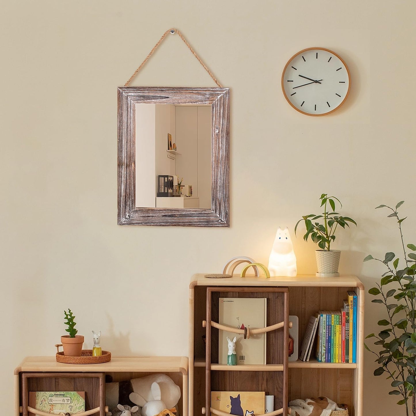 CFDYMTJ Wall Decorative Mirror 12 x 16 Inch Rust Farmhouse Rectangular Mirrors Wood Frame Mirror with Hanging Hemp Rope for Bedroom, Bathroom, Living Room, Entryway