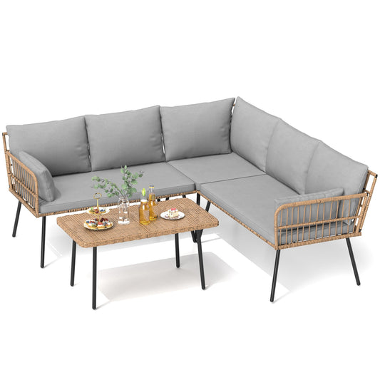 DWVO 4-Piece Outdoor Sectional Sofa Set, All-Weather Wicker L-Shaped 5-Seater Patio Furniture with Removable Cushions & Side Table, Boho Conversation Set for Backyard, Porch, Deck (Grey)