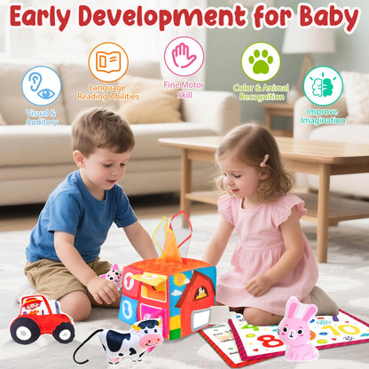 Baby Tissue Box Toys for 6-12 Months, 13PCS Surprise Barn Toy with Stuffed Farm Animals, Rattle, Soft Paper, Mirror, Montessori Educational Sensory Toys for Babies,Sensory Toys for Toddlers
