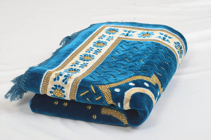 TB Muslim Prayer Rug Islamic, Soft Velvet Mat Ramadan Gift, with Prayer Bead Unique Decoration Gilded Gold-Like Embroidered for Women Man Kids Meditation Turkish African (Blue)
