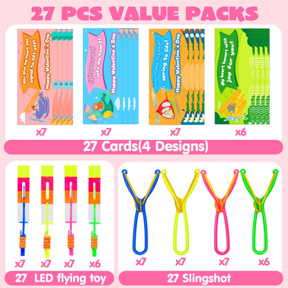 27 PCS LED Flying Toys Valentines Day Cards for Kids School Valentine Cards for Kids Classroom Exchange Gifts for Toddler Boys Girls Glow Helicopter Slingshot Bulk Goodie Bags Stuffers Party Favors