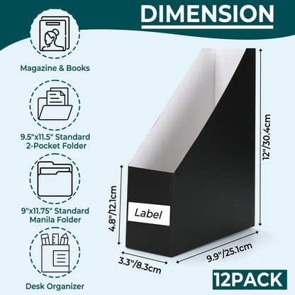 EXYGLO 12 Pack Black Magazine File Holder, Cardboard Magazine Rack with Label, Foldable Storage Organizer Box for Book, Documents, 9.9x3.3x12 Inches