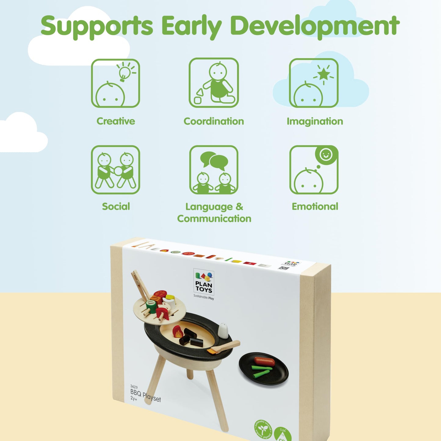 PlanToys® Wooden Barbeque Pretend Cooking Toy for Kids | Kitchen Toy Includes Grill, Food Pieces, Tongs & Charcoal Stove | Montessori Food Role Play Set for Fine Motor Skills & Imaginative Learning