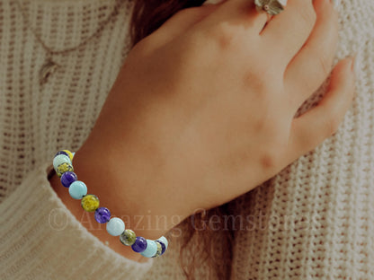 Amazing Gemstone Bracelet for Headaches and Migraines - Amazonite Serpentine Amethyst Bracelet Set for Men Women Healing Calming Anxiety Stress Relief Gifts Pulseras Para Hombres Mujer (Adjustable)