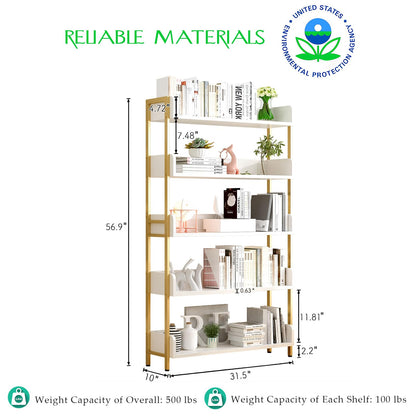 OSCHF Wide Open Shelf Bookcase - Modern 5-Tier Freestanding Display Bookshelf with Three-Side Panels for Home and Office, Storage Shelving in Warm White with Gold Frame