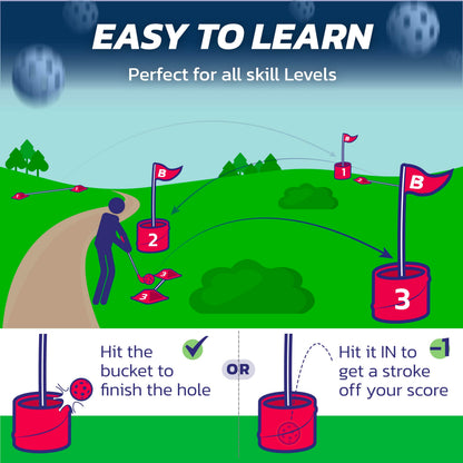 bucketgolf Game 6 Hole Bundle with Clubs - The Best Backyard Golf Game for All Ages and Levels Adults, Kids, Families, Schools, Yards, Parks, Beaches, Vacation. (4 Clubs (4 RH))