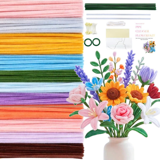 540Pcs Pipe Cleaner Flower Kit, Pipe Cleaners Craft Bulk with 11 Colors Chenille Stems, Flower Making Kit with Floral Wires,Stamen & 15 Video Tutorials for DIY Bouquets and Party Decorations