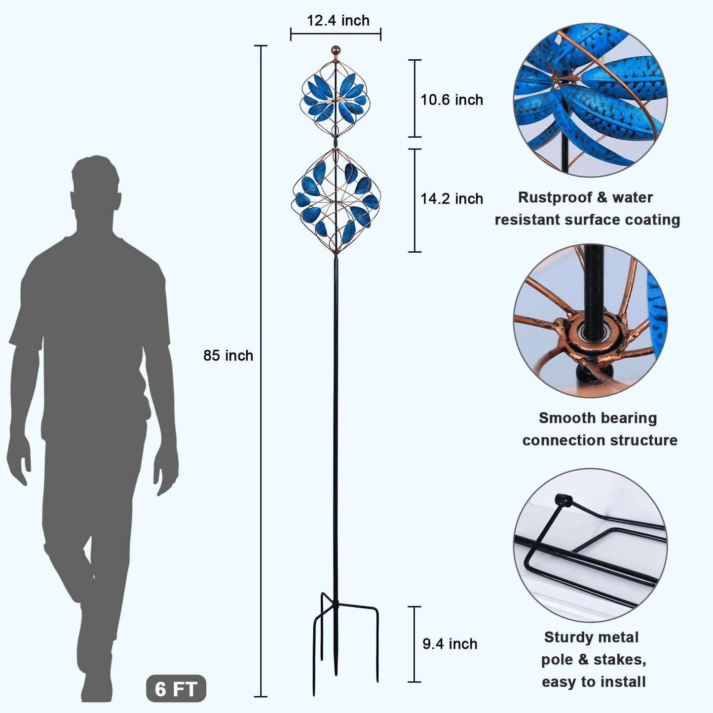 hogardeck Large Wind Spinner Outdoor, 85" Metal Kinetic Wind Spinner with Heavy-Duty Stakes, 360° Rotating Double-Layer Retro Yard Art for Home Outside Garden Lawn Backyard Patio Decor (Blue, Bronze)