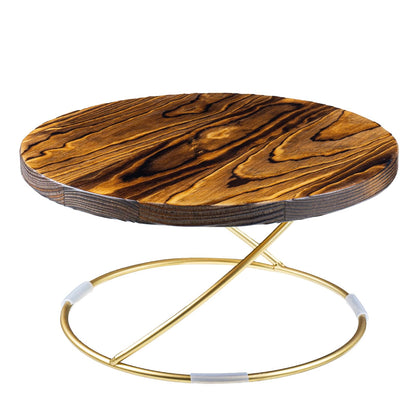 MyGift 11-Inch Round Pizza Pan Pedestal Stand – Rustic Burnt Wood with Gold Tone Metal Wire Base Display Riser, Ideal for Wedding, Party, Dessert, Cake, Cupcake, and Pie Display