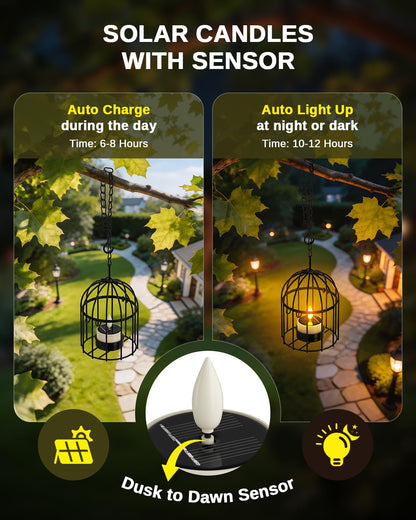 SoulBay Outdoor Lanterns with Solar Tea Lights, 4 Pack(2L 2S) Hanging Waterproof Solar Lights for Outside with Extended Chain, Bright & Long Lasting Solar Candles, Birdcage Lamp for Tree Patio Garden