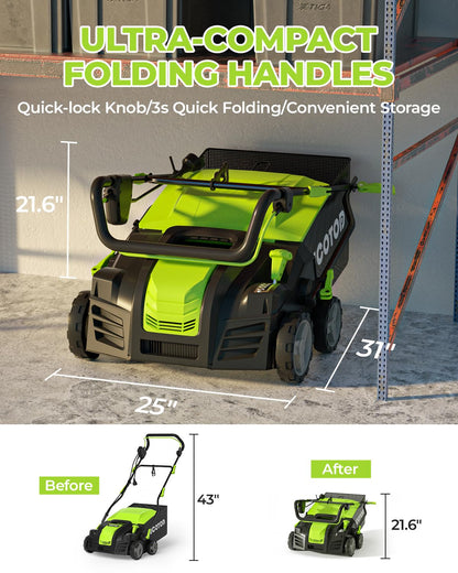 2-in-1 Dethatcher & 16-Inch Scarifier Electric Corded, 15 Amp Copper Motor, Electric Lawn Dethatcher with 5-Position Depth Adjustment, 14.5 gal Thatch Bag,Walk Behind for Yard Lawn Garden Care