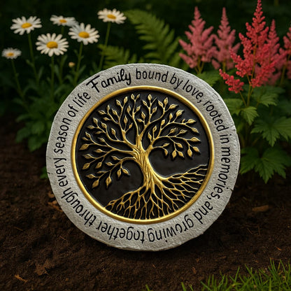 VEOJEIN Family Tree Garden Stepping Stone, 9.45 Inch Round, Gold Tree of Life Design, Weather-Resistant Outdoor Decor