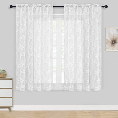 DWCN White Floral Lace Sheer Curtains - Rod Pocket Window Voile Sheer Drapes for Bedroom Kitchen Short Curtains 52 x 45 inch Length, Set of 2 Curtain Panels