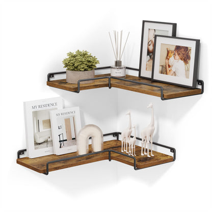 VASAGLE Corner Shelf Wall Mount Set of 2, Floating Shelves, Small Wall Shelf for Decor Storage, for Living Room Bedroom Kitchen Bathroom, Rustic Brown and Black ULLS831B01