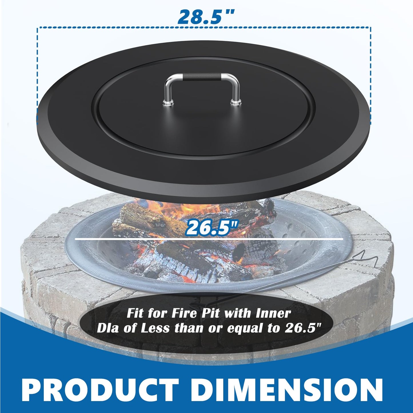 SafBbcue Fire Pit Lid Round 28.5" for Patio Outdoor Firepit, Metal Fire Pits Cover Round for Firepit Accessory, Firepits Metal Lid with Handle, Outdoor Bonfire Accessories, All-Season Protective