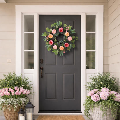 20" Peony Wreath for Front Door – Spring Summer Artificial Pink Peony Floral Wreath for Wall, Window, and Wedding Decor