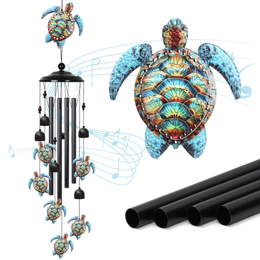 UXORSN Sea Turtle Wind Chimes Outdoor with 4 Aluminum Tubes 36" Decorative Turtles Gifts for Women Rustic Design Hanging Wind Chime for Outside with Ring Home Decor for Garden Patio Yard Window