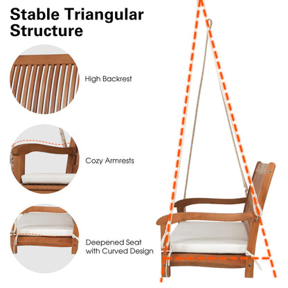Tangkula 2 Person Hanging Porch Swing, Outdoor Bench Swing with Hanging Ropes, High Back, Cozy Armrests, Heavy Duty 800Lbs Wooden Hanging Swing Chair with Cushion for Backyard, Deck, Garden Natural