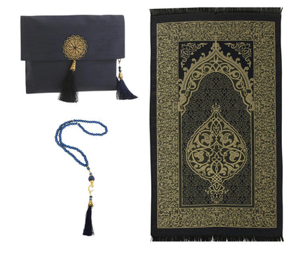 Prien Muslim Prayer Rug with Tasbih and Portable Bag, Muslim Gift for Women Men, Mubarak Islamic Box, Soft Mat Islam Gifts Set, Turkish Sajadah for Ramadan, Eid, Hajj, Travel, Pray (Navy Blue)