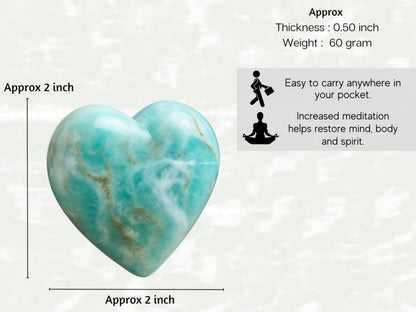Amazing Gemstone Caribbean Calcite Crystal Heart Palm Stone - Pocket Massage Worry Stone for Natural Body Chakra Balancing, Reiki Healing and Crystal Grid