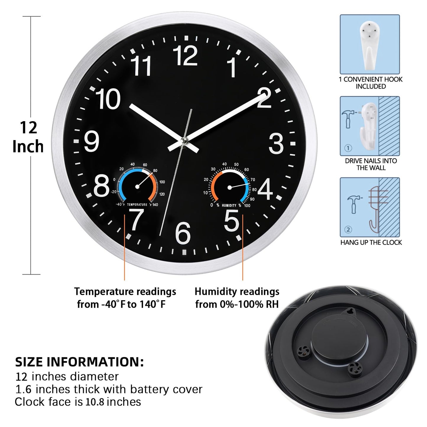 Caysie 12 Inch Indoor Outdoor Clocks Waterproof with Thermometer and Hygrometer Combo, Silent Battery Operated Quartz Metal Wall Clock for Patio Pool Bathroom Home (Black)