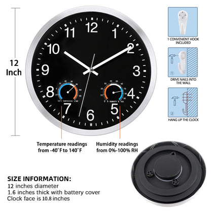 Caysie 12 Inch Indoor Outdoor Clocks Waterproof with Thermometer and Hygrometer Combo, Silent Battery Operated Quartz Metal Wall Clock for Patio Pool Bathroom Home (Black)
