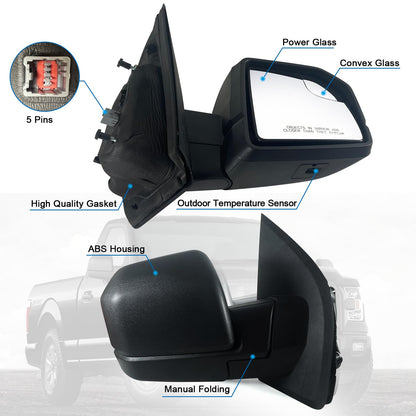 Lqito Right Passenger side Mirror with Power Glass, Outdoor Temperature Sensor and Manual Folding Fits 2015-2020 Ford F150 Without Turn Signal, Non-Heated Replace JL34-17682-BG (5 Pins)