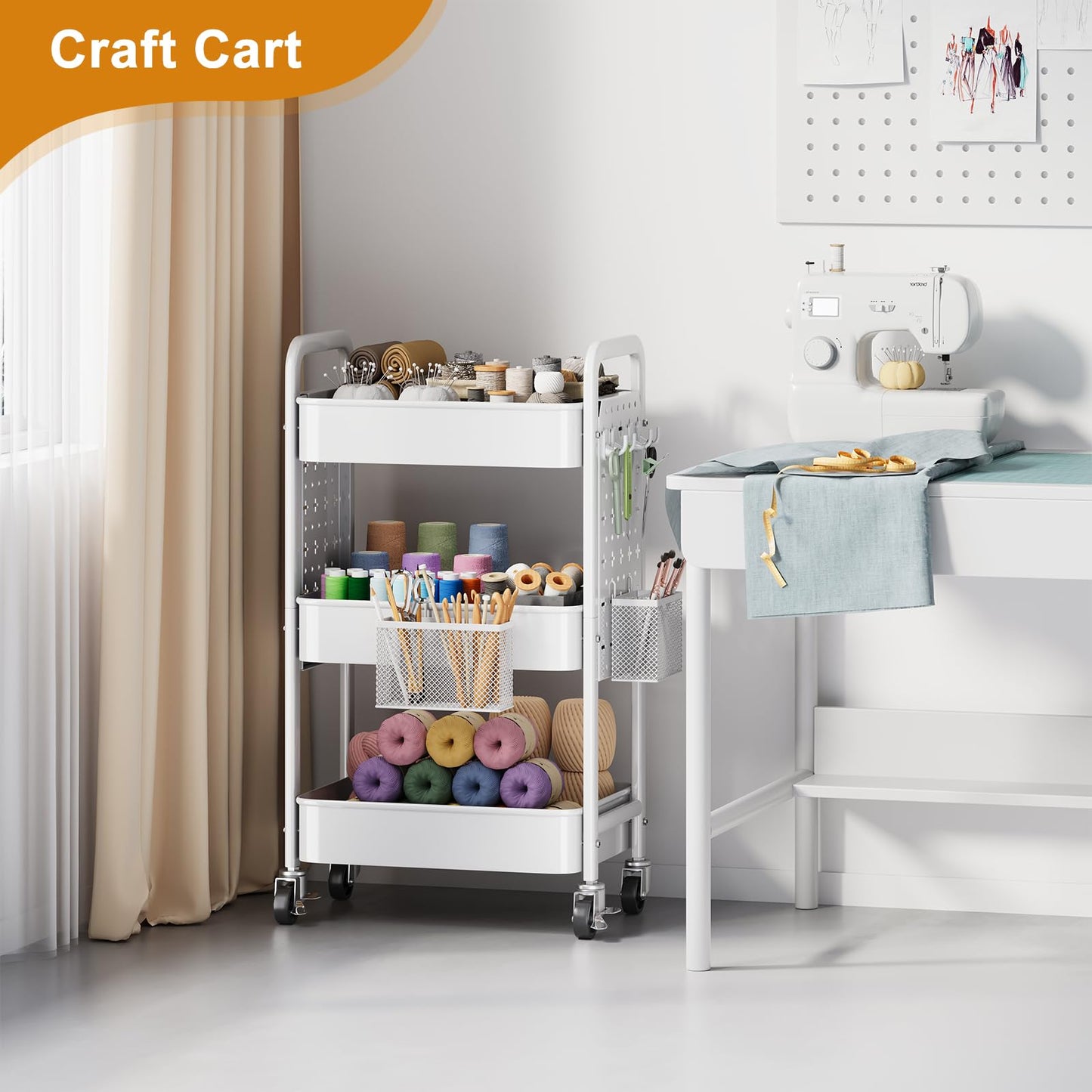 3 Tier Rolling Cart Metal with DIY Pegboard, White Utility Cart with Lockable Wheels, Three Tiered Craft Cart Organizer on Wheel, Utility Roller Storage Carts for Art, Baby Diaper Caddy, Snack, Book