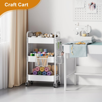 3 Tier Rolling Cart Metal with DIY Pegboard, White Utility Cart with Lockable Wheels, Three Tiered Craft Cart Organizer on Wheel, Utility Roller Storage Carts for Art, Baby Diaper Caddy, Snack, Book