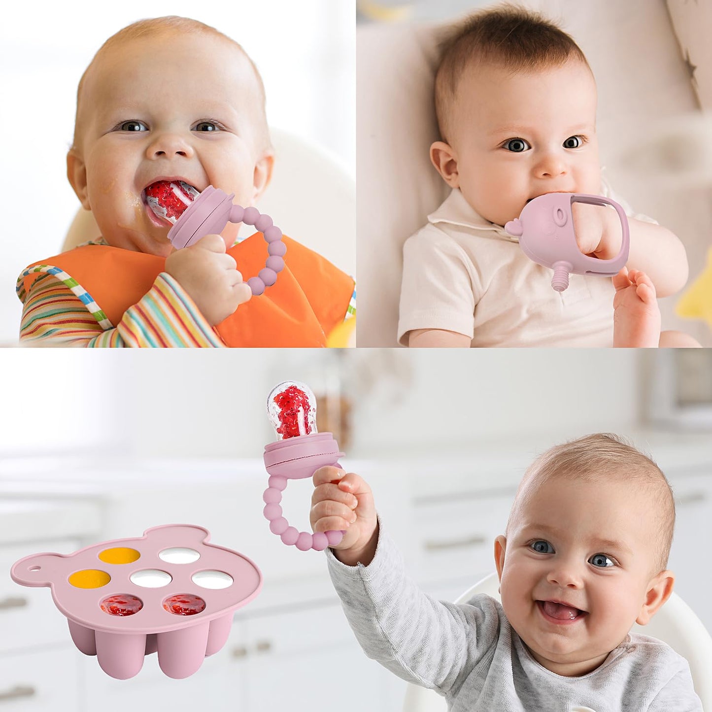 Gedebey 3-in-1 Baby Food & Fruit Feeder Set – Breastmilk Popsicle Mold with Freezer Tray, Teething Relief Toy, BPA Free Infant Silicone Feeding Combo, 3 Bonus Sizes (S/M/L) Sacs (Blush)