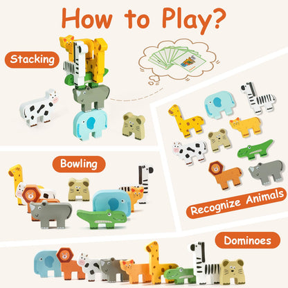 JugueteLand Wooden Animal Stacking Puzzle Toy, Educational Balancing Activity Toy for Kids, Wooden Zoo Animal Building Blocks Stacker & Bag, Stacking and Balance Toys for Toddlers 2-4 Years
