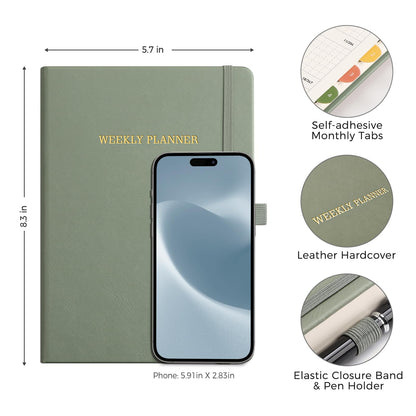 LOAPEM Undated Appointment Book, Hourly, Daily, 52 Weekly & 12 Monthly Planner, 6 AM - 8 PM, Medium Size (5.7" x 8.3"), Leather Hardcover, 12 Self-adhesive Monthly Tabs (Light Green)