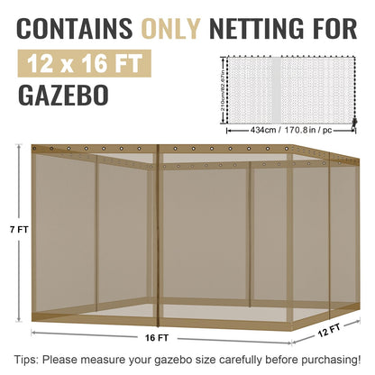 COWVIE Gazebo Replacement Netting Screen, 12' x 16' Universal Gazebo 4-Panel Mosquito Sidewalls with Double Zippers for Outdoor Patio (Only Netting)