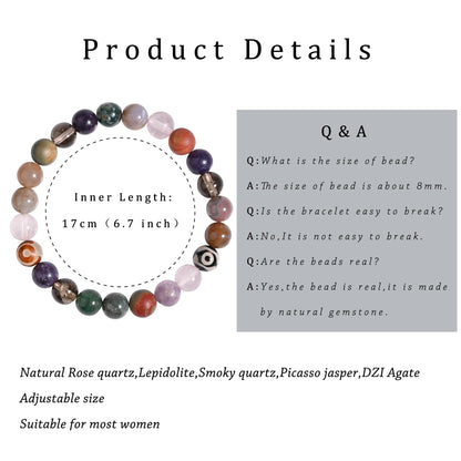 Gracayfr Anxiety Relief Bracelet Empath Protection Rose Quartz Smoky Lepidolite Picasso Jasper Natural Gemstone Healing Crystal Gifts Grounding Jewelry For Women DZI Agate