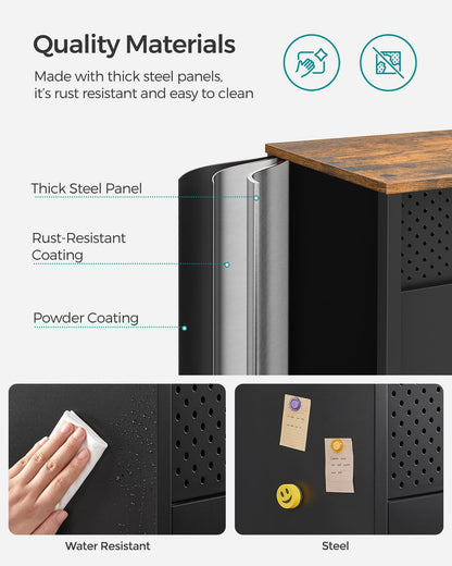 SONGMICS Storage Cabinet, Metal Cabinet, Sideboard with 2 Doors, 15.7 x 31.5 x 29.9 Inches, Magnetic Closure, Adjustable Shelf, Steel Frame, Rustic Brown and Black ULSC102B01