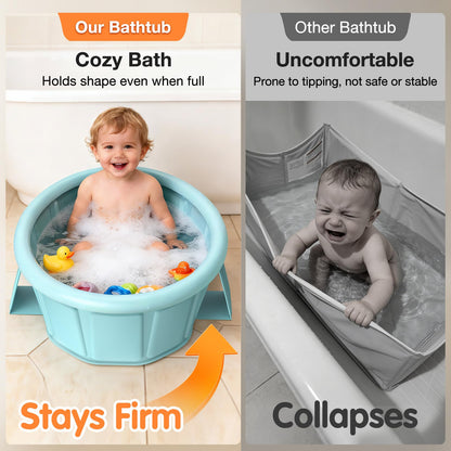 Baby Bathtub with Inflatable Top Edge, Extra Stable Infant Bath Tub, Collapsible & Portable for Baby Bath Time, No Tilt Design for 12M-6Y Toddler, No Assembly for Travel Shower