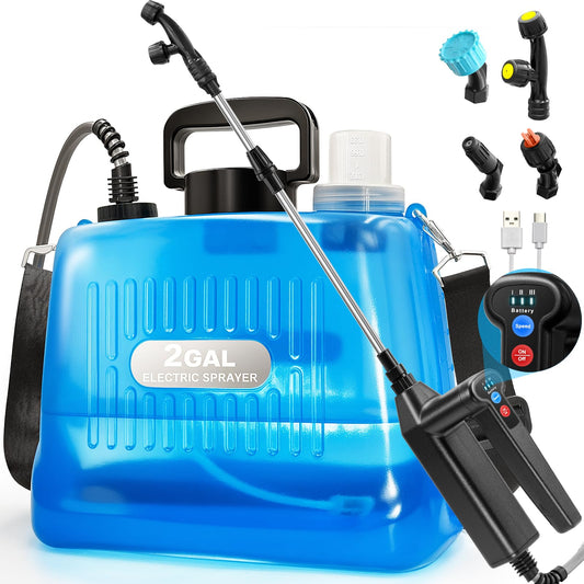Sylsmart Battery Powered Sprayer 2 Gallon, Electric Weed Sprayer with 3 Adjustable Pressure Levels, 4 Nozzles & Extendable Wand, Rechargeable Garden Sprayer for Yard, Lawn, Plants & Fertilizer